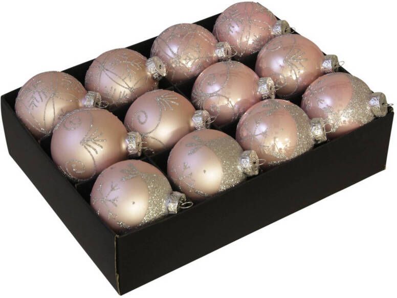 Othmar decorations 12x stuks luxe glazen gedecoreerde kerstballen licht roze 7 5 cm Kerstbal