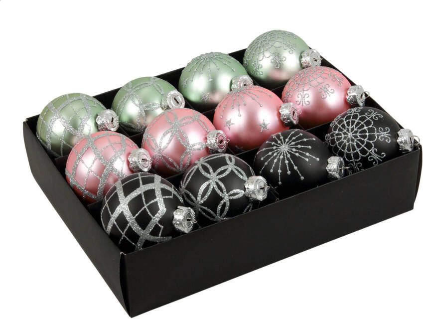 Othmar decorations 12x stuks luxe glazen gedecoreerde kerstballen mint roze bruin 7 5 cm Kerstbal