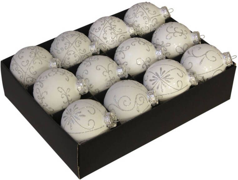 Othmar decorations 12x stuks luxe glazen gedecoreerde kerstballen wit 7 5 cm Kerstbal