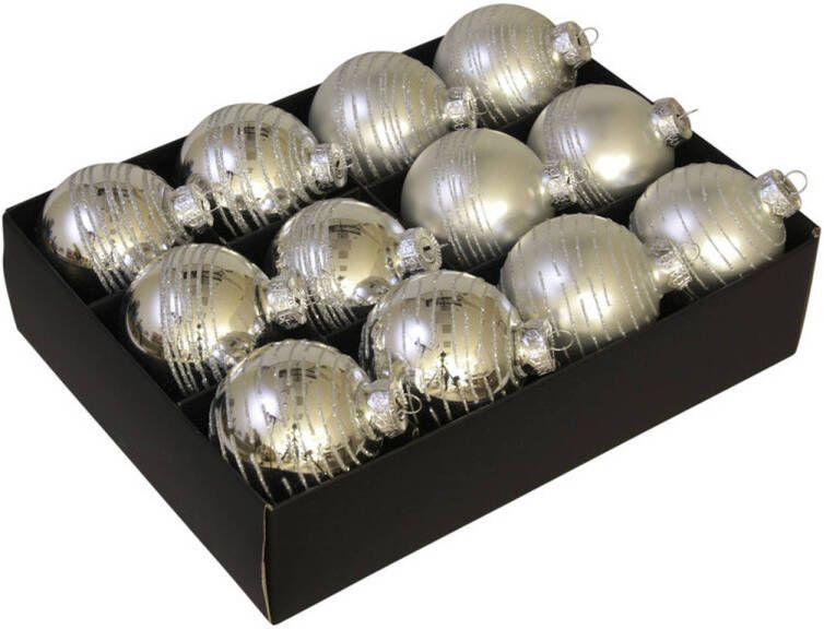 Othmar decorations 12x stuks luxe glazen gedecoreerde kerstballen zilver 7 5 cm Kerstbal