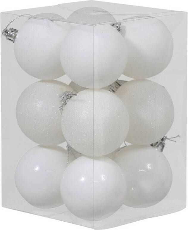 Othmar decorations 12x Witte kunststof kerstballen 6 cm glans mat glitter Kerstbal