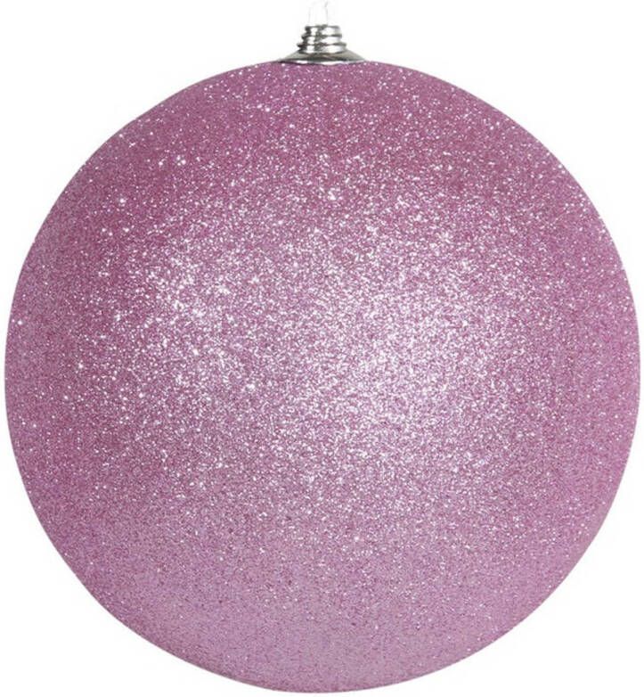 Othmar decorations 1x Roze grote kerstballen met glitter kunststof 13 5 cm Kerstbal