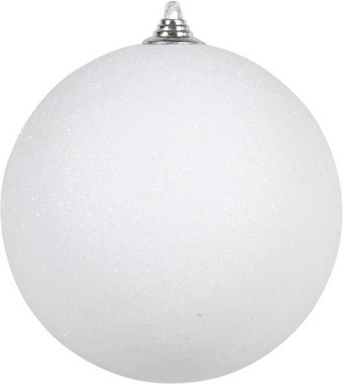 Bellatio Decorations 1x Witte grote glitter kerstbal 13 5 cm hangdecoratie boomversiering glitter kerstballen