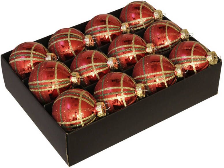 Othmar decorations 24x Luxe glazen gedecoreerde ruitjes kerstballen rood 7 5 cm Kerstbal