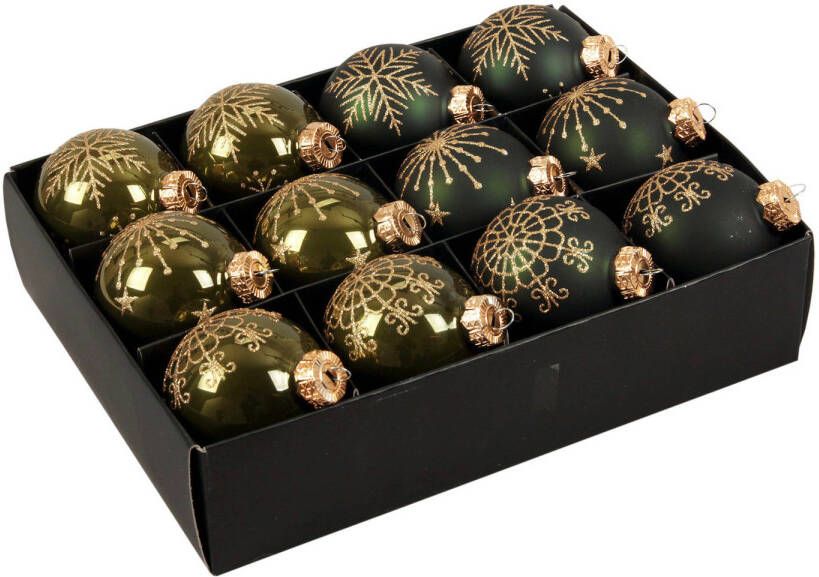 Othmar decorations 24x stuks luxe glazen gedecoreerde kerstballen donkergroen 7 5 cm Kerstbal