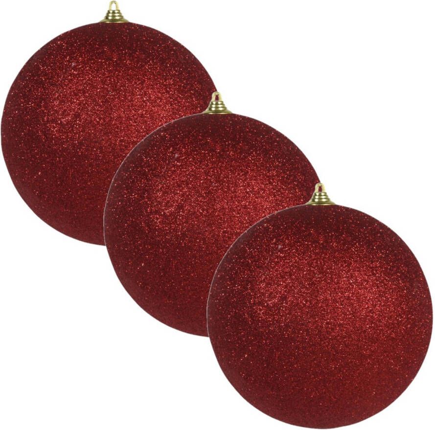 Othmar decorations 3x Rode grote kerstballen met glitter kunststof 13 5 cm Kerstbal