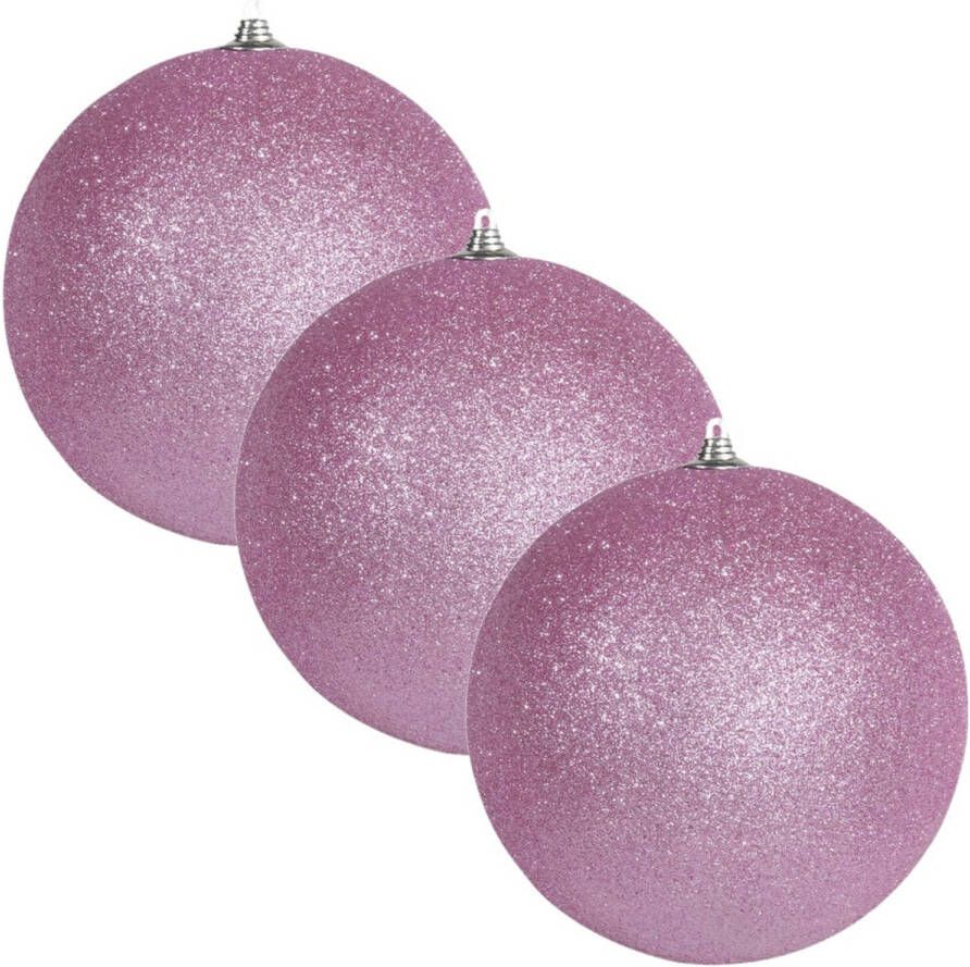 Othmar decorations 3x Roze grote kerstballen met glitter kunststof 13 5 cm Kerstbal