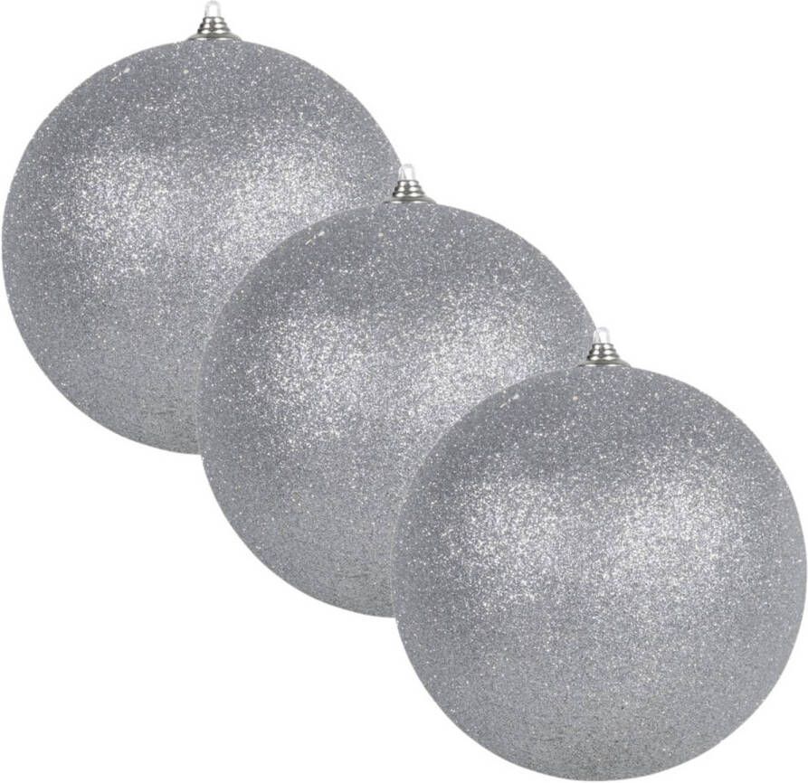 Othmar decorations 3x Zilveren grote kerstballen met glitter kunststof 13 5 cm Kerstbal