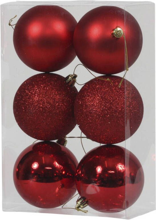 Othmar decorations 6x Rode kunststof kerstballen 8 cm glans mat glitter Kerstbal