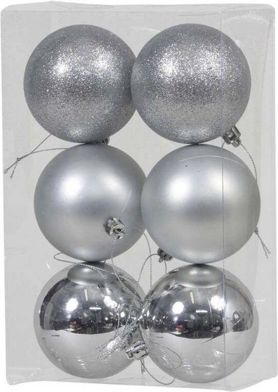 Othmar decorations 6x Zilveren kunststof kerstballen 8 cm glans mat glitter Kerstbal