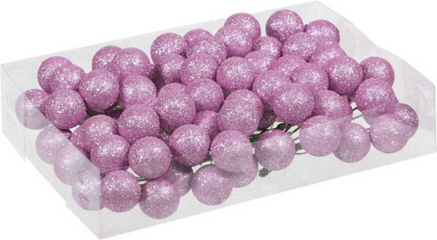 Othmar decorations 80x Roze glitter mini kerstballen stekers kunststof 3 cm Kerststukjes