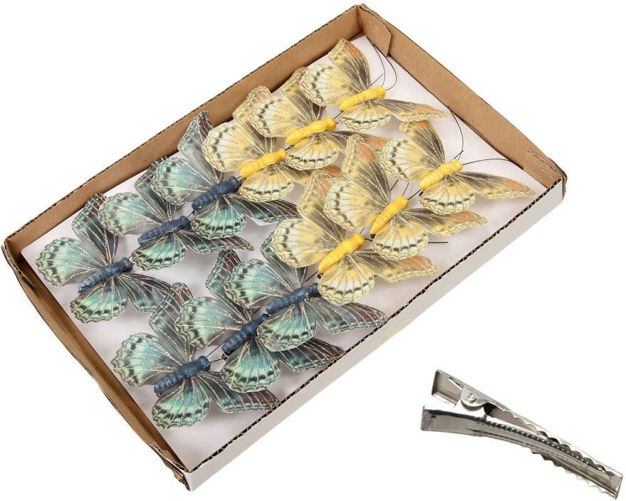Othmar decorations kerst vlinders op clip -12x st-groen en goud- 9 cm Kersthangers