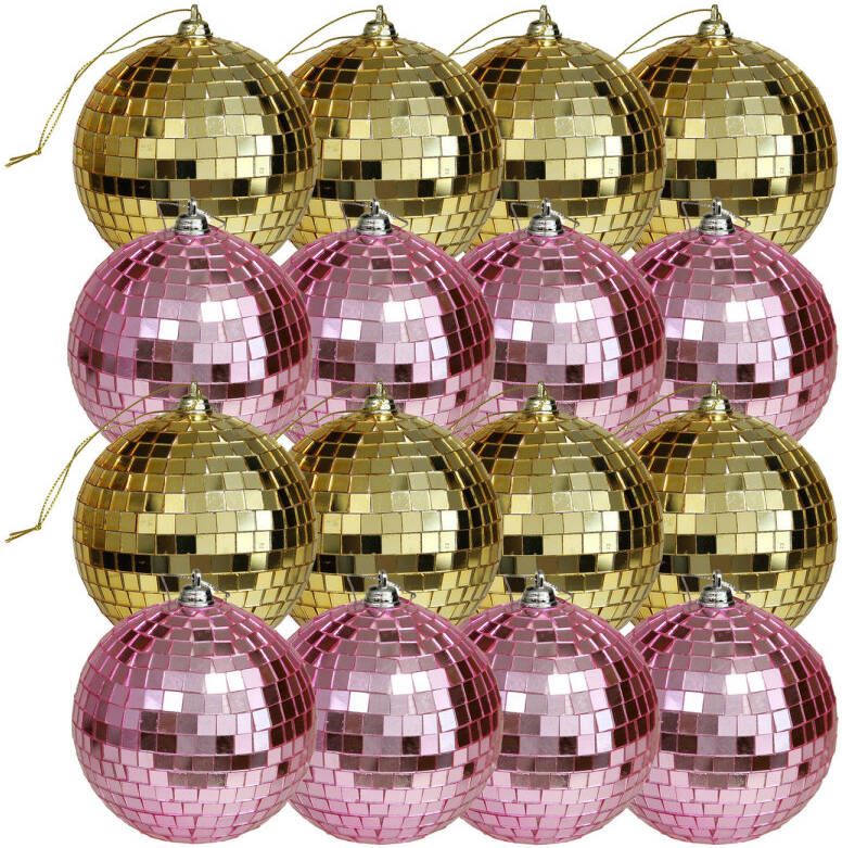 Othmar decorations Kerstballen disco 16x st goud en roze 6 cm kunststof Kerstbal