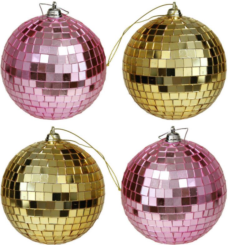 Othmar decorations Kerstballen disco 4x st goud en roze 10 cm kunststof Kerstbal