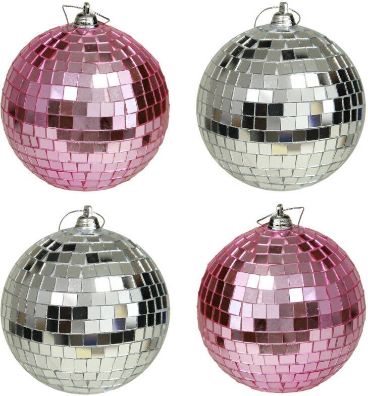 Othmar decorations Kerstballen disco 4x st roze en zilver 10 cm kunststof Kerstbal