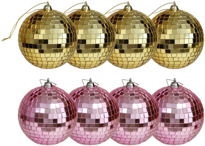 Othmar decorations Kerstballen disco 8x st goud en roze 8 cm kunststof Kerstbal