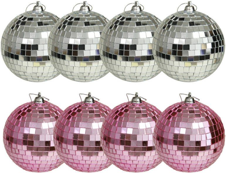 Othmar decorations Kerstballen disco 8x st roze en zilver 8 cm kunststof Kerstbal