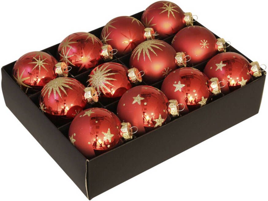 Othmar decorations Kerstboomversiering 12x luxe glazen kerstballen rood goud 7 5 cm Kerstbal