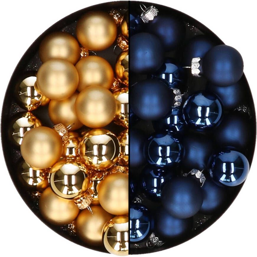 Othmar decorations Mini kerstballen 48x st donkerblauw en goud 2 5 cm glas Kerstbal
