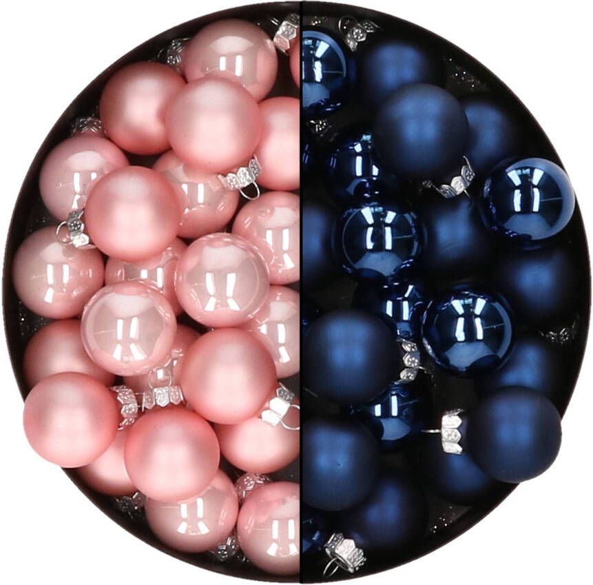 Othmar decorations Mini kerstballen 48x st donkerblauw en lichtroze 2 5 cm glas Kerstbal