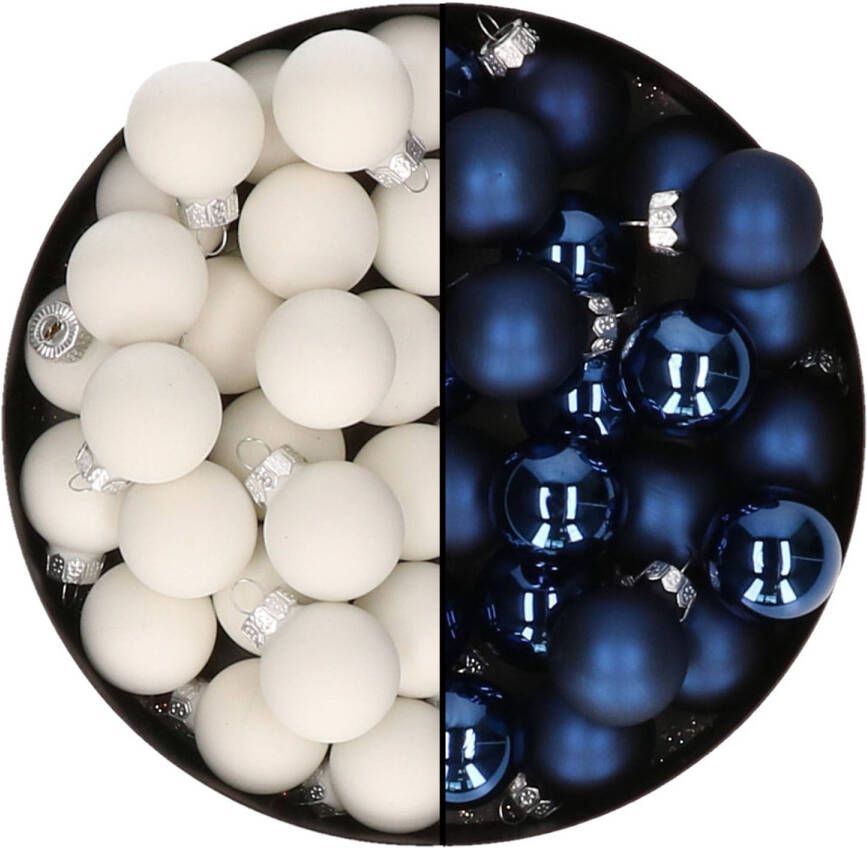 Othmar decorations Mini kerstballen 48x st donkerblauw en satijn wit 2 5 cm glas Kerstbal