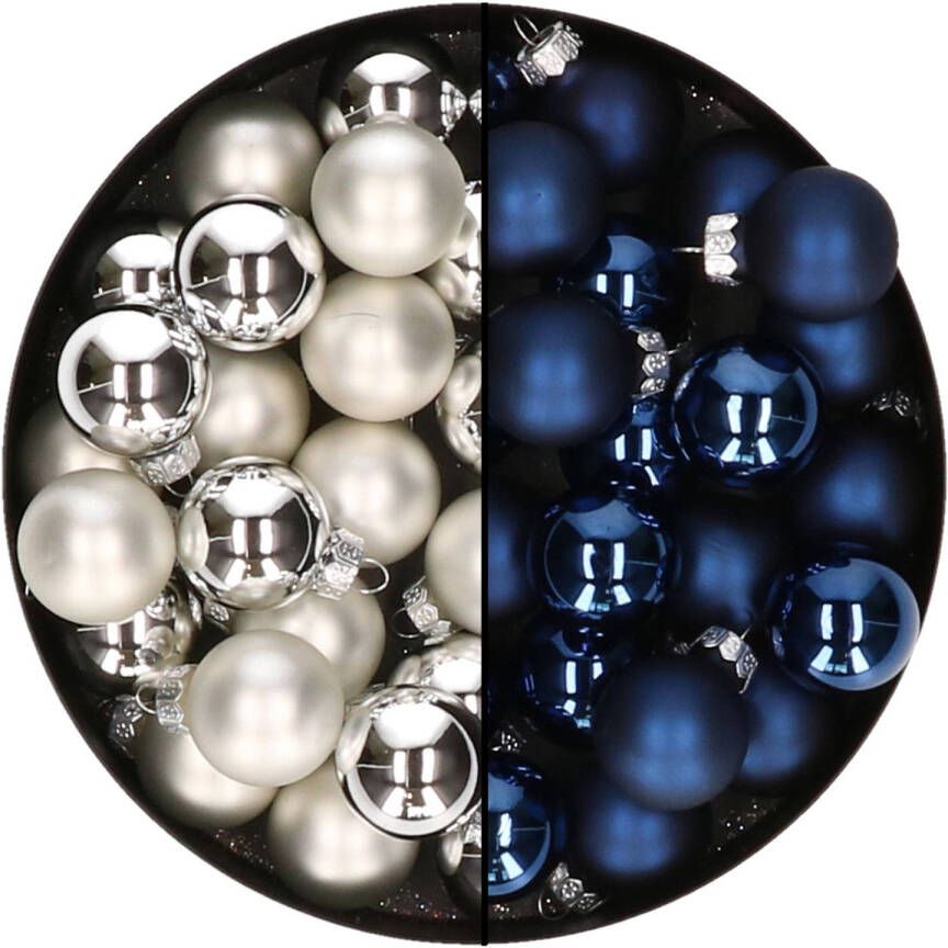 Othmar decorations Mini kerstballen 48x st zilver en donkerblauw 2 5 cm glas Kerstbal