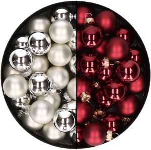 Othmar decorations Mini kerstballen 48x st zilver en donkerrood 2 5 cm glas Kerstbal