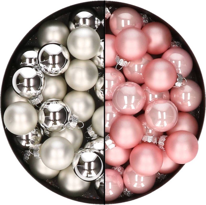 Othmar decorations Mini kerstballen 48x st zilver en lichtroze 2 5 cm glas Kerstbal
