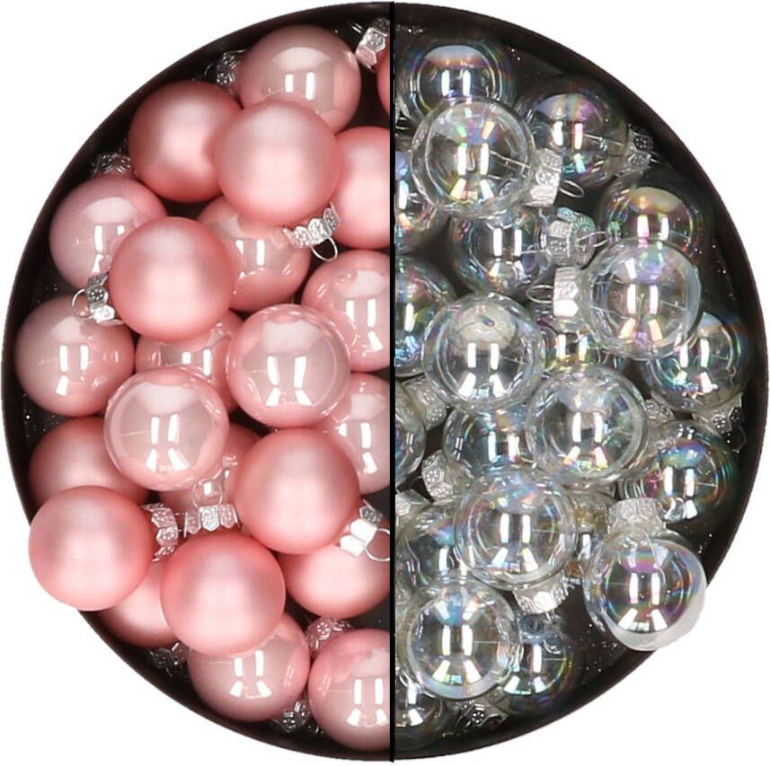 Othmar decorations Mini kerstballen 48x- transparant parelmoer lichtroze 2 5 cm -glas Kerstbal
