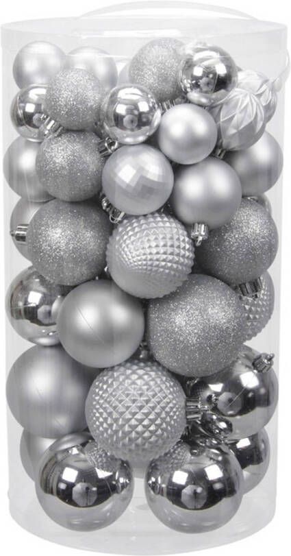 Othmar decorations Tube 60x zilveren kunststof kerstballen 4 -7 cm glans mat bewerk Kerstbal