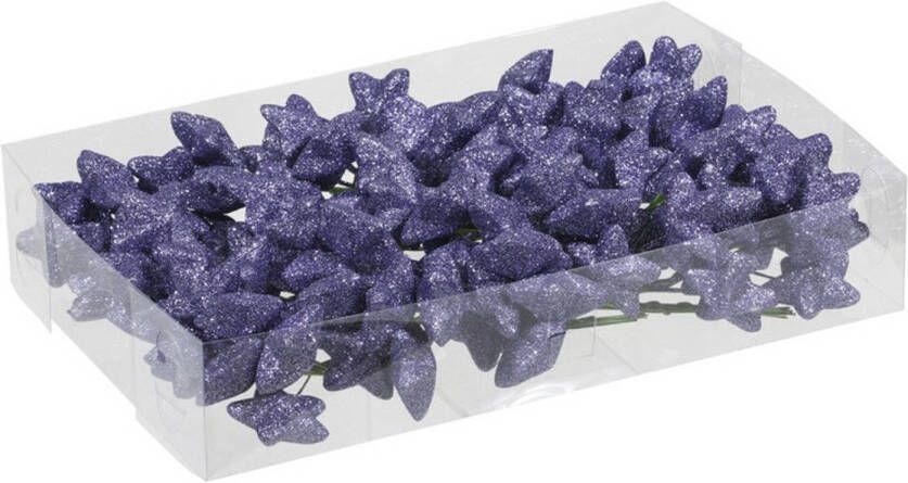 Othmar decorations Voordeelverpakking paarse glitter sterren instekers 4 cm Kerststukjes
