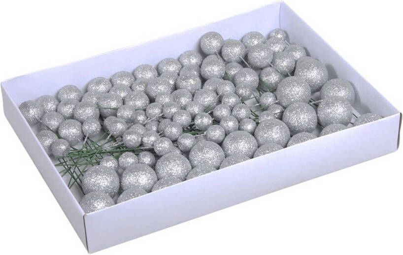 Bellatio Decorations 100x Zilveren glitter mini kerstballen stekers kunststof 2 3 en 4 cm Kerststukje maken onderdelen
