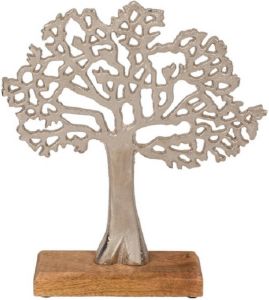 Out of the Blue Decoratie levensboom van aluminium op houten voet 33 cm zilver Tree of life Beeldjes