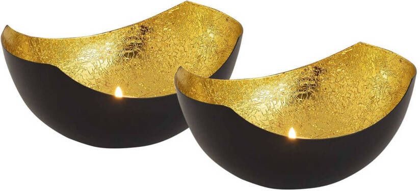 Parya Home Waxinelichthouder set 2 stuks Kandelaar Love bowl vorm zwart mat vergulde binnenkant