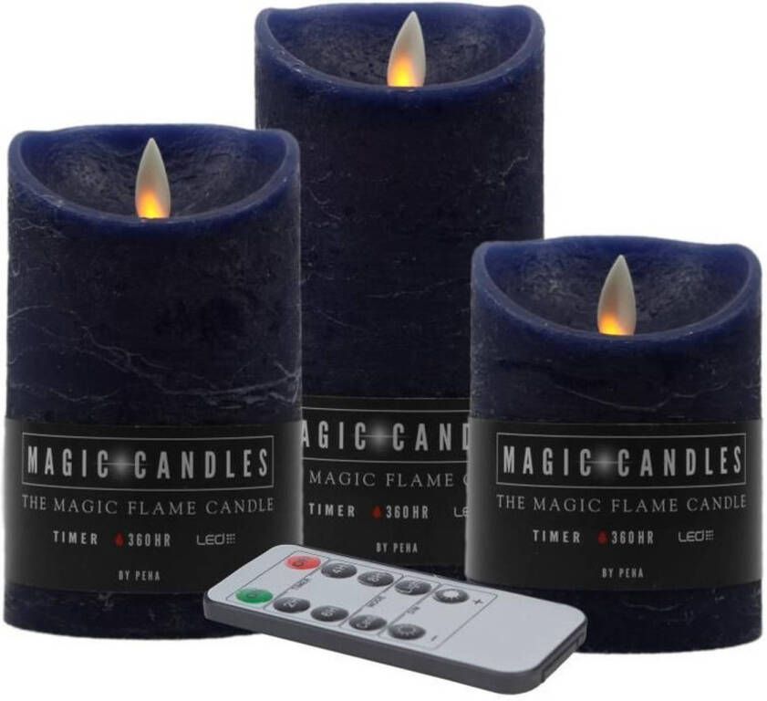 Magic Flame Kaarsen set van 3x stuks LED stompkaarsen donkerblauw met afstandsbediening LED kaarsen