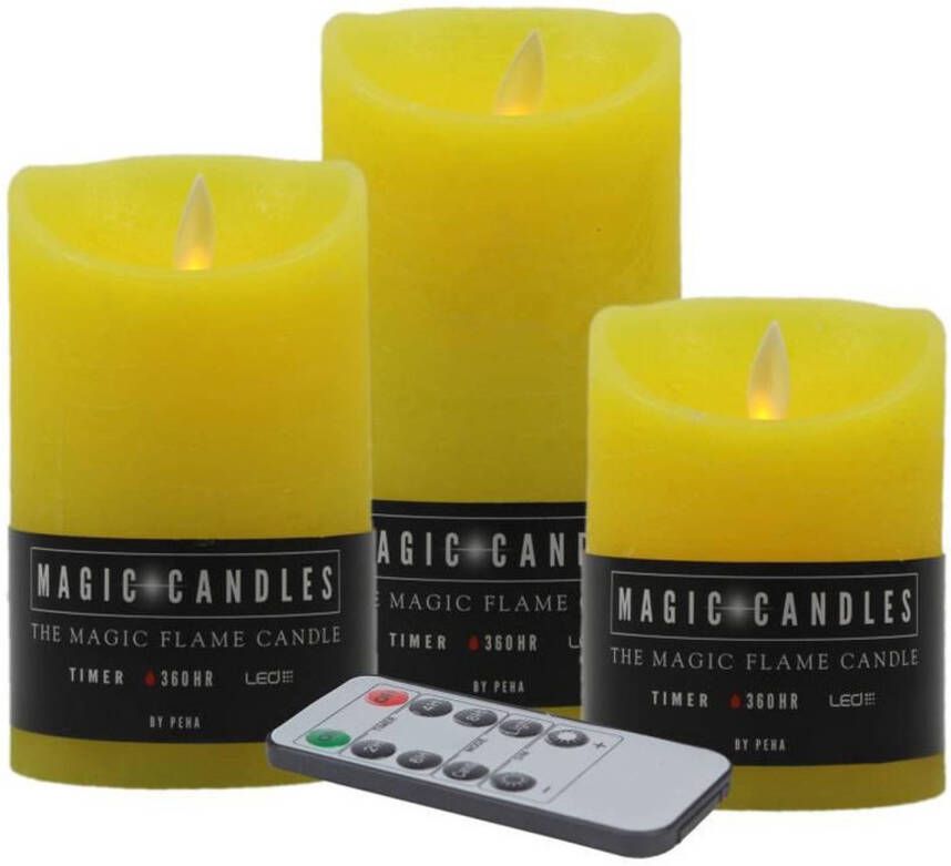 Magic Flame Kaarsen set van 3x stuks LED stompkaarsen geel met afstandsbediening LED kaarsen