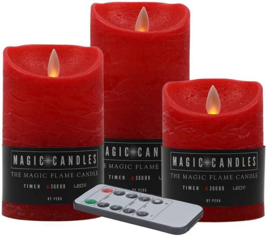 Magic Flame Kaarsen set van 3x stuks LED stompkaarsen rood met afstandsbediening LED kaarsen