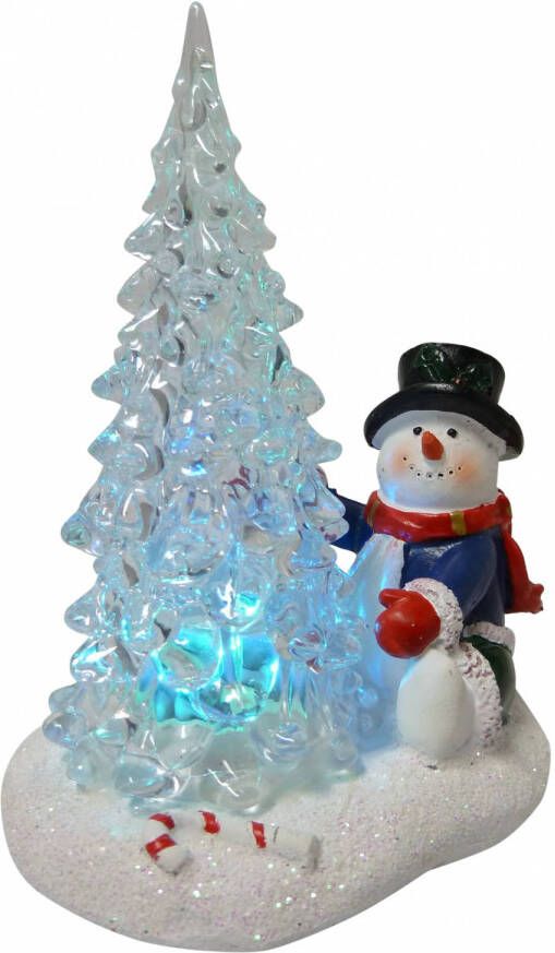 PEHA sneeuwpop bij boom led 12 x 14 cm polyresin wit