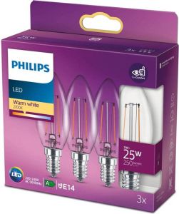 Philips LED Kaars E14 Transparant 25W Warm Wit Licht 3 stuks