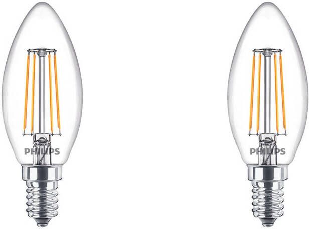 Philips LED Lamp Filament Set 2 Stuks Classic LEDCandle 827 B35 CL E14 Fitting 4.3W Warm Wit 2700K