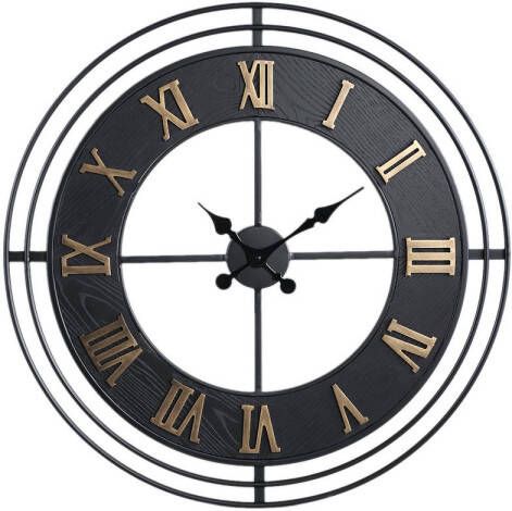 Ptmd Collection PTMD Azzer Black iron wall clock wooden inlay round