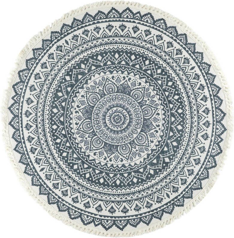 QUVIO Tapijt rond met franjes en mandala opdruk 90 cm Gebroken wit Antraciet
