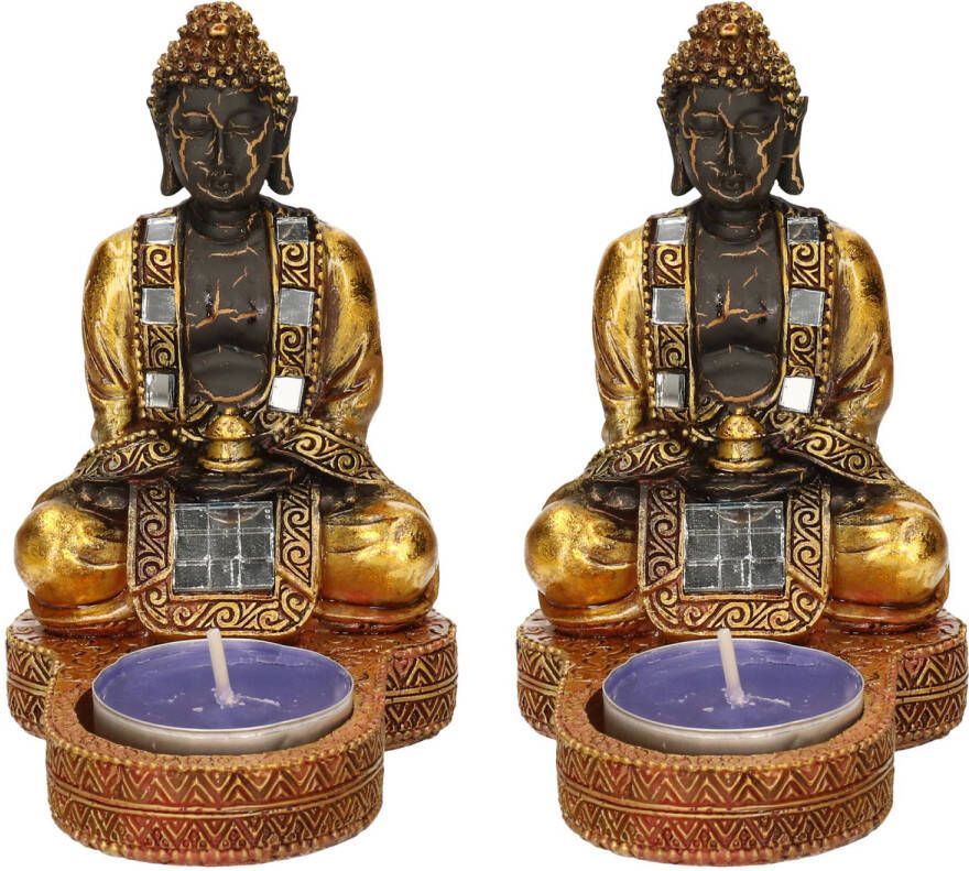Sandy 2x stuks indische boeddha theelichthouders goud zwart 12 cm Beeldjes