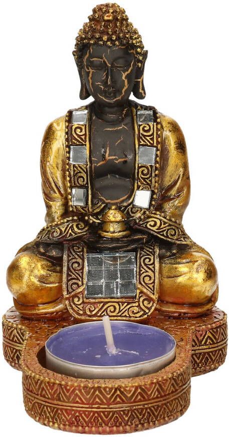 Sandy Indische boeddha theelichthouder goud zwart 12 cm Beeldjes