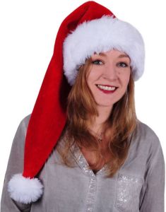 Sandy Luxe Lange Kerstmuts Rood wit Van Pluche Voor Volwassenen 78 Cm Kerstmutsen