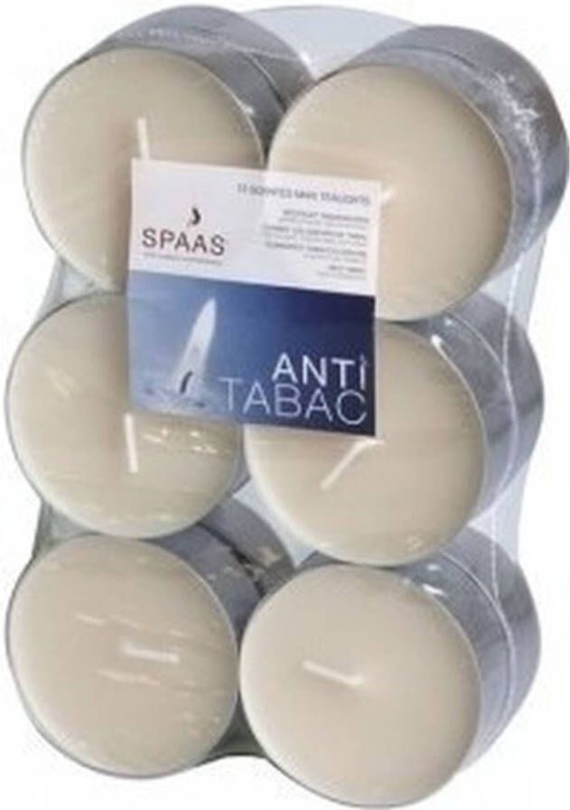 Candles by Spaas 12x Maxi theelichten vanille geurkaarsen tegen rooklucht anti tabak geur 10 branduren geurkaarsen