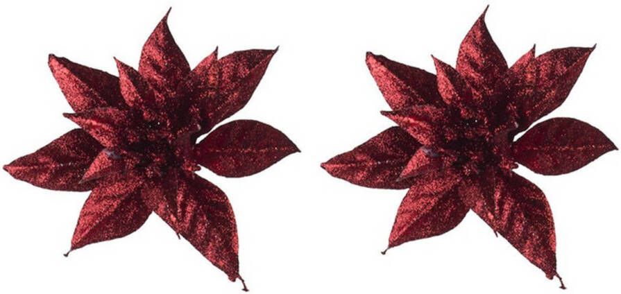 Cosy and Trendy 2x Donkerrode decoratie glitter bloemen op clip 8 cm Kersthangers