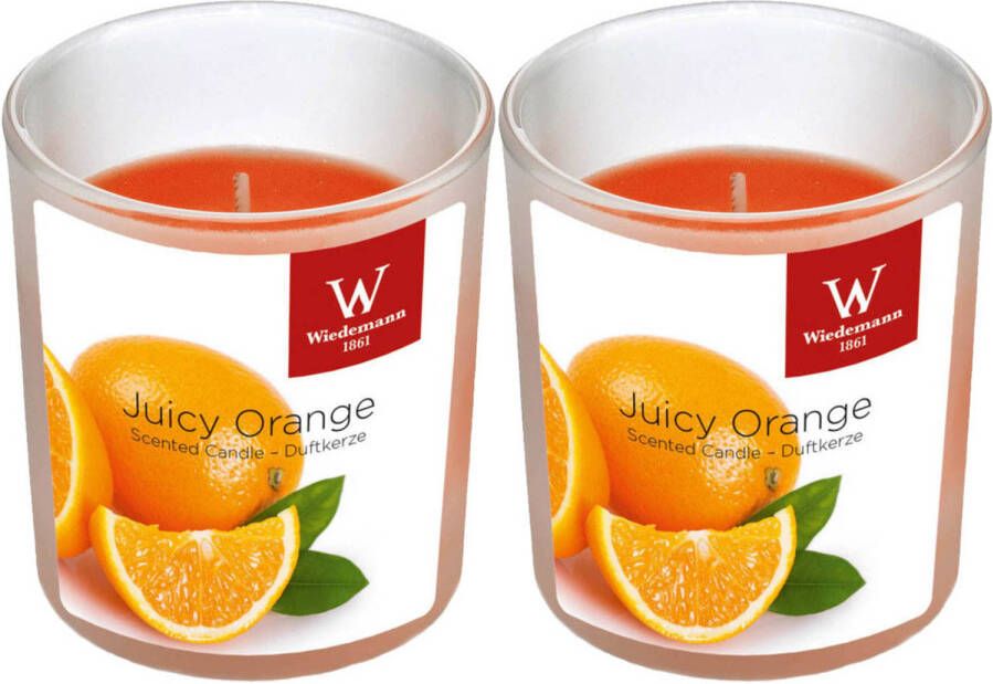 Trend Candles 2x Frisse sinaasappel geurkaarsen in glazen houder 25 branduren geurkaarsen