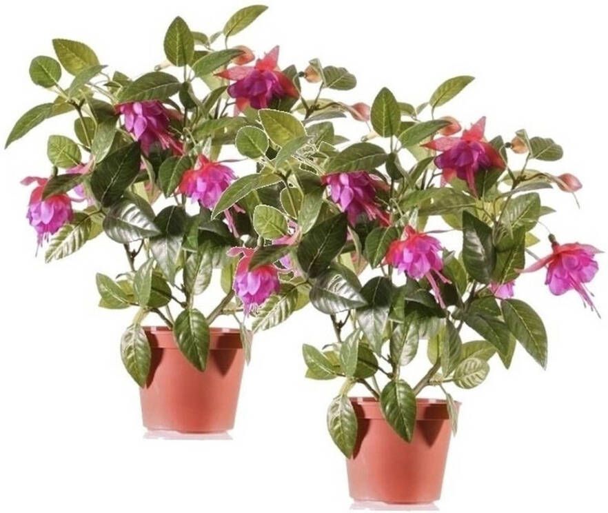 Shoppartners 2x Fuchsia kunstplanten donkerroze bloemen in pot 30 cm Kunstplanten