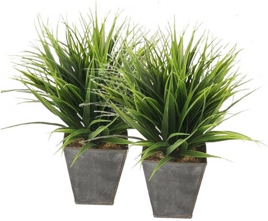 Merkloos 2x Grasplant in zwarte zinken pot 30 cm Kamerplant kunstplanten nepplanten Kunstplanten